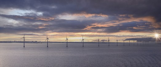 Renewable energy wind power plant and wind turbines along sea shoreline.