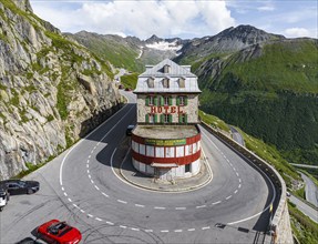 Hotel Belvédère on the Furka Pass, the most famous pass hotel in the world. The building is closed