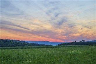 Green field with trees in the background under a dramatically illuminated sunset, the sky is bathed