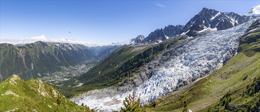 Panorama, mountain landscape with glacier Glacier des Bossons and summit of the Aiguille du Midi,