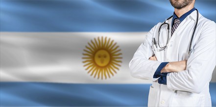 Unrecognizable Doctor with crossed arms on Argentina flag. Argentina health and medical insurance