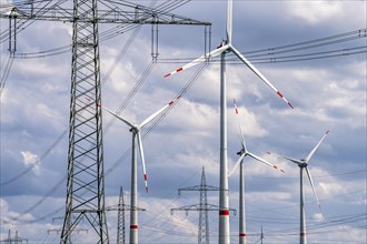 Wind farm north-east of Marsberg, Hochsauerlandkreis, high-voltage line, electricity pylons, North