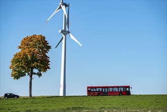 Wind farm near Lichtenau, wind turbines, country road, Driburger Straße, local bus, public