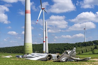 Repowering of a wind farm, near Brilon-Radlinghausen, 2 old turbines are demolished, rotors and