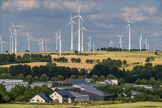 Wind farm near the East Westphalian town of Energiestadt Lichtenau, many residential and commercial