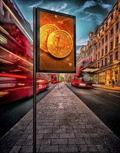 Symbolic image, Bitcoin poster in London, questionable vision of the future, stock market prices,