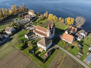 Aerial view of the north-western tip of the island of Reichenau in autumn with the district of