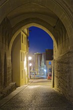 View from St Jakob's Church into Klingengasse in the old town of Rothenburg ob der Tauber,