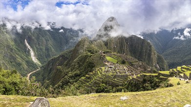 Panoramic view of Machu Picchu, with Huayna Picchu at the background, Machu Picchu, Cusco Region,