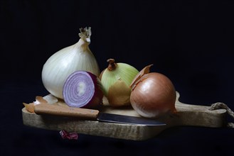 Various onions on wooden board with knife, onion, Allium cepa