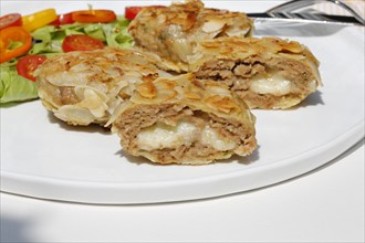 Swabian cuisine, meatballs wrapped in almonds, mixed minced meat, meatballs filled with cheese,