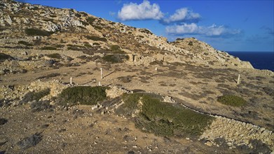 Drone shot, Archaeological site, Rocky landscape with ruins and sea view, Acropolis hill, Ruins of