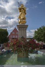 Marian column, with fountain on the market square, Wemding, Swabia Bavaria, Germany, Europe