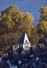 Aerial view of the market tower with houses on the Rhine, Bacharach, UNESCO World Heritage Upper