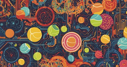 Vibrant mix of abstract circuitry intertwined with tennis balls, representing AI role in