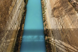 View down into the Corinth Canal, technical marvel, turquoise-coloured water, sight, vertical rock