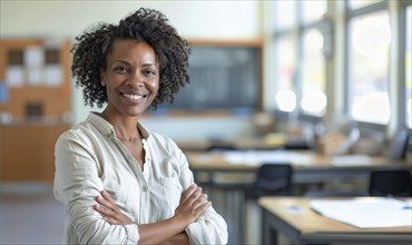 Proud smiling african american female teacher standing in her classroom. generative AI, AI