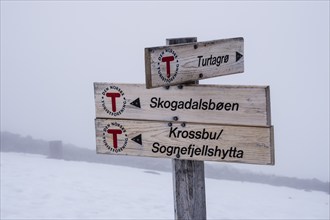 Hiking signpost in the Sognefjell mountain range, directions to Turtagrø, Krossbu,