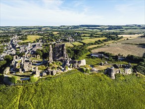 Ruins of Corfe Castle from a drone, Corfe Village, Purbeck Hills, Dorset, England, United Kingdom,