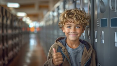 Cute caucasian school boy giving a thumbs up in the hallway of his school. generative AI, AI