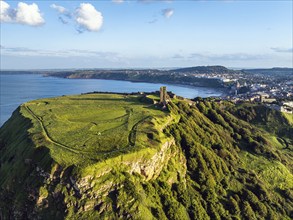 Scarborough Castle from a drone, Scarborough, North Yorkshire, England, United Kingdom, Europe