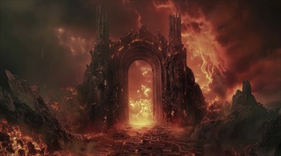 A fiery, dark and ominous scene with a large archway leading into a fiery abyss. Hell gates, AI