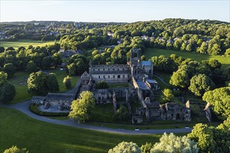 Kirkstall Abbey from a drone, Kirkstall, River Aire, Leeds, West Yorkshire, England, United