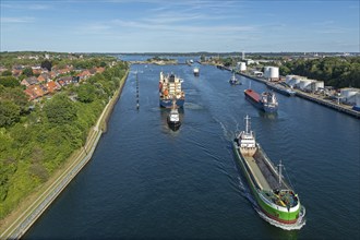 Cargo ships waiting in front of the lock, Kiel Canal, Holtenau, Kiel, Schleswig-Holstein, Germany,