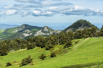 Scenic View of Dome-Shaped Volcanic Peaks (Sucs) in the Monts d'Ardeche Regional Natural Park.