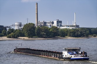 Shipping traffic on the Rhine near Düsseldorf, freighter Christa, loaded with coal for power