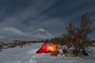 Tent in mountain landscape, Sarek National Park, World Heritage Laponia, Norrbotten, Lapland,