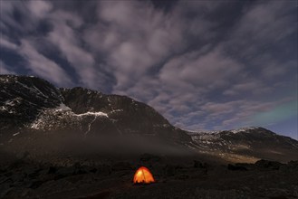 Tent in mountain landscape, Sarek National Park, World Heritage Laponia, Norrbotten, Lapland,