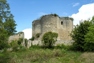 Medieval 13th century castle in Montaigu-le-Blin, showcasing impressive fortifications and