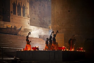 Nocturnal Aarti fire ceremony at the Ganges, Varanasi or Benares or Kashi, Uttar Pradesh, India,