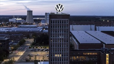 VW logo on the brand tower at the Group headquarters in Wolfsburg, 29/09/2024. The Volkswagen Group