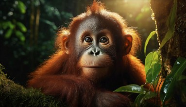 Cute little orangutan baby in dark rainforest looks curious, portrait, AI generated, AI generated