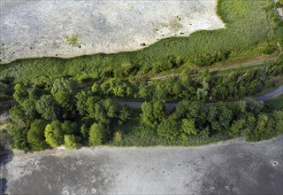 Aerial view of dried up fish ponds in Reckahn in Brandenburg. The Plane, a river that normally