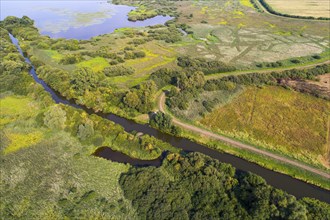 Aerial view of Lake Dümmer, nature reserve, reeds, shore, influence of the Hunte, river,