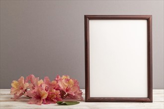 Wooden frame with pink azalea flowers on gray pastel background. side view, copy space, mockup,