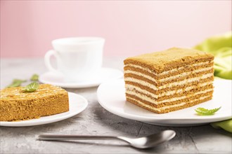 Homemade honey cake with milk cream and mint with cup of coffee on a and pink background and green