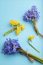 Spring snowdrop flowers bluebells, narcissus on blue pastel background. side view, close up, still