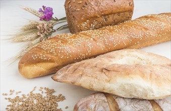 Different kinds of fresh baked bread on a white wooden background. side view, close up