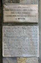 Information boards at the medieval city gate Porta Soprana, 12th century, Genoa, Italy, Europe