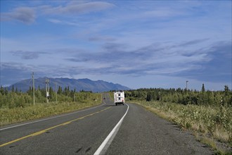 Endless road, with single motorhome, forest, wilderness, Alaska Highway, Yukon Territory, Canada,