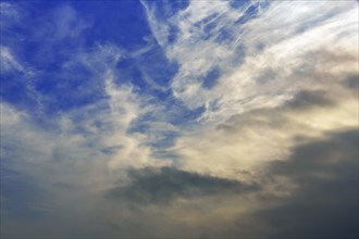 Dramatic evening sky, cirrus, dense clouds, illuminated, background image, Föhr,