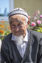 Portrait, local elderly man with traditional hat, Issyk-Kul region, Kyrgyzstan, Asia