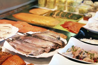 Close-up of a fish counter with fish and seafood