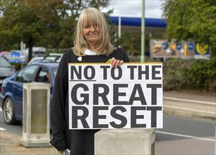 Protest at busy roundabaout, Martlesham, Suffolk, England, UK, No to the Great Reset