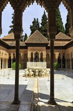 Arabesque Moorish architecture, courtyard with lion fountain, Nasrid palaces, Alhambra, Granada,