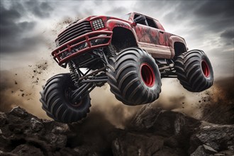 Monster truck driving and jumping outdoors amidst a cloud of dust. Thrill and adrenaline of an